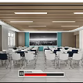 Spacious Conference Room Interior With Wooden Beams Linear Lights Large Cityscape Screen Windows And Arranged Tables