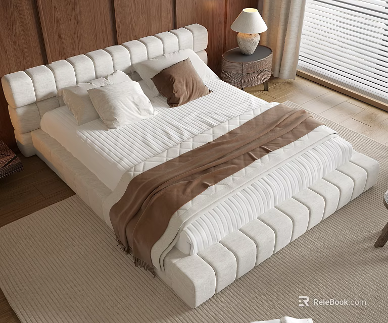 Modern Double Bed With White Padded Headboard Pillows Throw Blanket Nightstand Lamp And Wooden Wall 3d model 