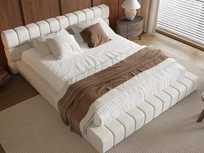 Modern Double Bed With White Padded Headboard Pillows Throw Blanket Nightstand Lamp And Wooden Wall 3d model
