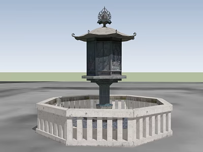 Outdoor Traditional Stone Lantern Structure With Octagonal Platform And Railing 3d model