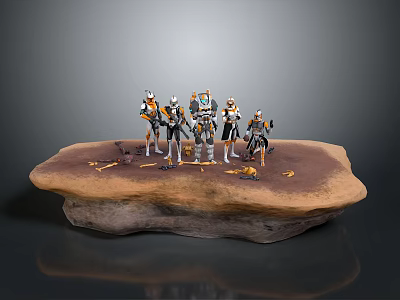 Armored Characters Standing On Rock Platform With Bones And Small Objects 3d model