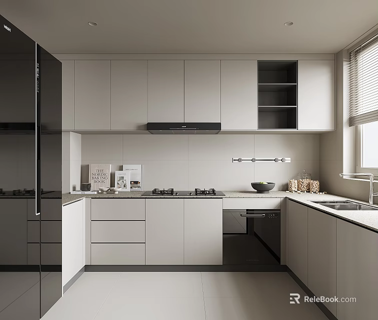Modern Open Kitchen Interior Design With White Cabinetry Appliances And Window 3d model 