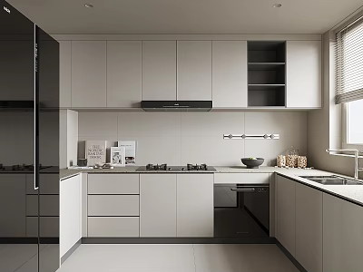 Modern Open Kitchen Interior Design With White Cabinetry Appliances And Window 3d model