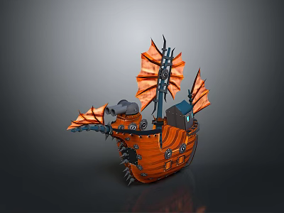 Orange Fantasy Ship Model With Decorative Wings And Mechanical Details Design 3d model