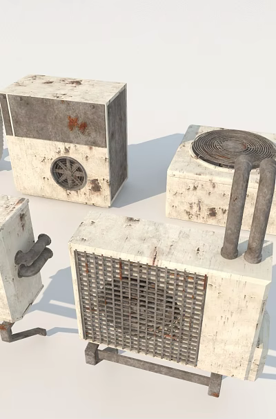 Vintage Rusted Industrial Equipment With Exhaust Pipes Cooling Fans And Metal Casings 3d model