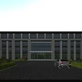 Modern White Office Building Featuring Large Glass Windows Spacious Driveway Lush Greenery and Silver Car