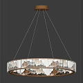 Modern Double Layer Circular Chandelier with Transparent Strips and Warm Lighting in Dark Wall Interior