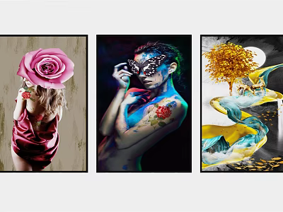 Colorful Figure Paintings With Pink Rose Mask And Artistic Tattoos Design 3d model