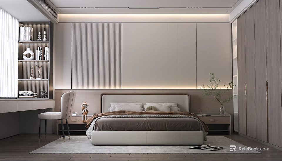 Modern Bedroom Interior Design With Striped Accent Wall Recessed Lighting And Neutral Tones 3d model 