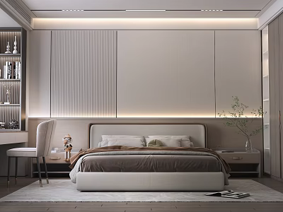 Modern Bedroom Interior Design With Striped Accent Wall Recessed Lighting And Neutral Tones 3d model