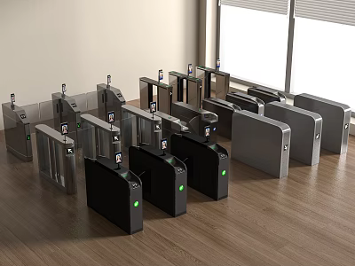 Multiple Silver and Black Turnstiles In Indoor Public Facility With Wooden Floor And Windows 3d model
