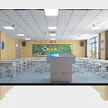 School Classroom With Neat Desks Chairs Blue Floor Slogans Windows Lights And Air Conditioners