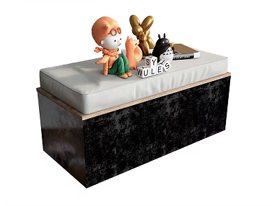 Stylish Black And White Sofa Bench With Upholstered Cushion Stuffed Toys And Life Letter Decor 3d model