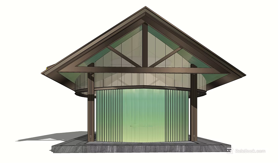 Traditional Pavilion Design With Wooden Frame Triangular Roof Vertical Slats And Stone Base 3d model 