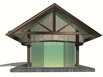 Traditional Pavilion Design With Wooden Frame Triangular Roof Vertical Slats And Stone Base 3d model