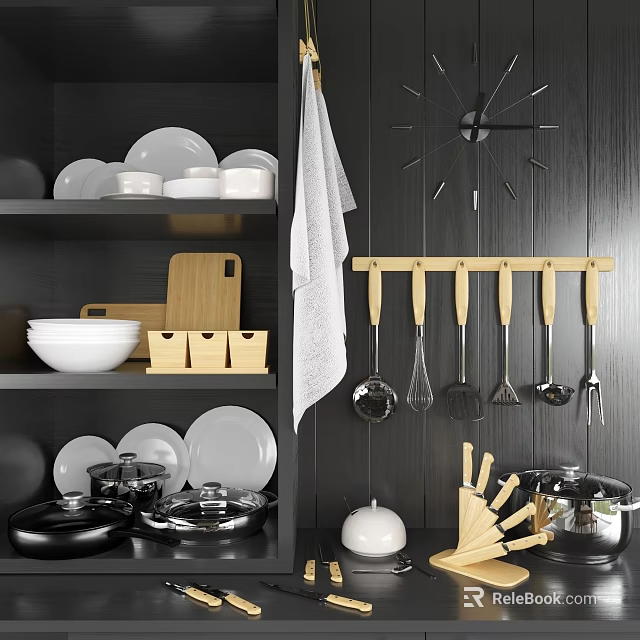 Contemporary Kitchen Storage With Black Cabinets White Dinnerware Wooden Utensil Rack Cooking Utensils And Towel 3d model 