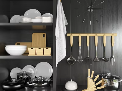 Contemporary Kitchen Storage With Black Cabinets White Dinnerware Wooden Utensil Rack Cooking Utensils And Towel 3d model