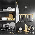 Contemporary Kitchen Storage With Black Cabinets White Dinnerware Wooden Utensil Rack Cooking Utensils And Towel