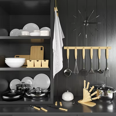 Contemporary Kitchen Storage With Black Cabinets White Dinnerware Wooden Utensil Rack Cooking Utensils And Towel 3d model