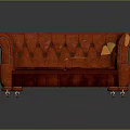 Red Leather Double Sofa with Tufted Curved Armrests Metal Legs and Leaves on Dark Background