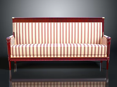 Vintage Sofa With Red And White Striped Upholstery And Wooden Frame 3d model