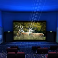 Modern Cinema Hall With Blue Lighting Curved Ceiling Comfortable Seats Projector And Deer Paintings