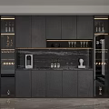 Modern Wine Cabinet With Black Cabinetry Glass Doors Marble Backsplash Wine Bottles And Decorative Items