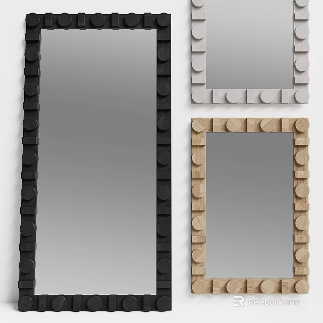 Modern Decorative Mirrors With Circular Detail Frames In Black And Wooden Finishes 3d model 