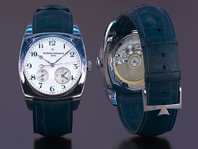 Vacheron Constantin Luxury Watch With White Dial Black Numerals And Blue Alligator Leather Strap 3d model