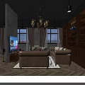 Stylish Hotel Public Lounge With Wooden Bookshelves Chandelier And Cozy Seating