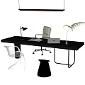 Modern Black Desk Setup With Desk Lamp Laptop Documents White Chair And Plant
