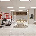 Multi Functional Indoor Space With Bookshelves Round Mirror Green Plants Exercise Equipment Tables And Chairs