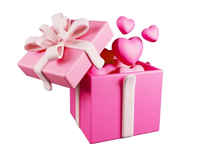 Decorative Ornament Set with Open Pink Gift Box White Bow and Flying Heart Shaped Ornaments 3d model
