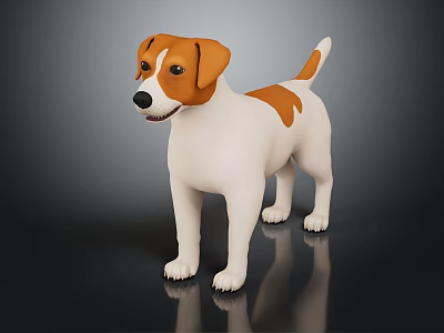 Cute Brown And White Puppy Standing On Dark Surface With Reflection 3d model