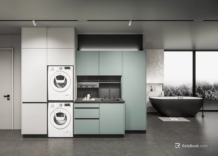 Modern Bathroom Cabinetry With Light Green White Stacked Washer Sink Marble Wall Bathtub Large Window 3d model 