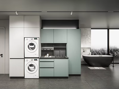 Modern Bathroom Cabinetry With Light Green White Stacked Washer Sink Marble Wall Bathtub Large Window 3d model