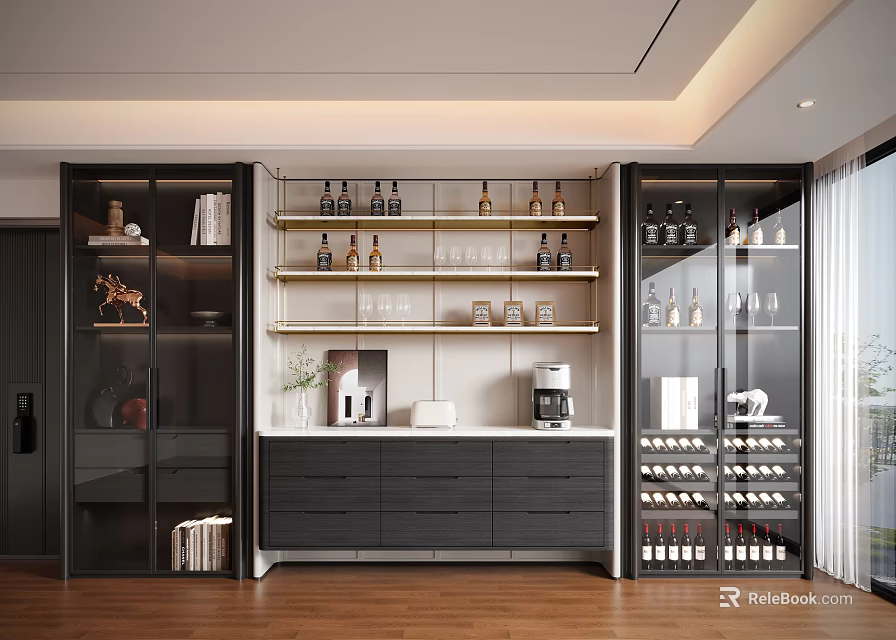 Stylish Modern Decorative Cabinet With Glass Doors Open Shelves Wine Bottles And Drawers 3d model 