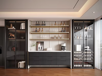 Stylish Modern Decorative Cabinet With Glass Doors Open Shelves Wine Bottles And Drawers 3d model