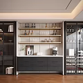 Stylish Modern Decorative Cabinet With Glass Doors Open Shelves Wine Bottles And Drawers