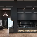 Modern Bistro Restaurant Interior With Hanging Lights Herringbone Floor Green Plant And Large Windows