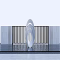 White Curved Landscape Sculpture With Reflective Water Pool And Vertical Slat Backdrop