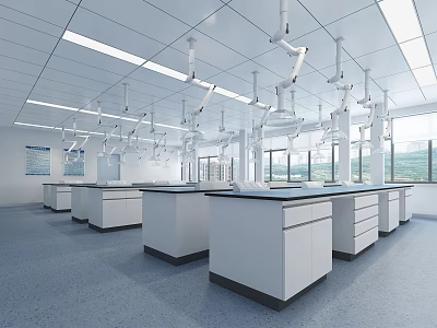 Modern Open Laboratory Interior With White Lab Benches Hanging Lights And Windows 3d model