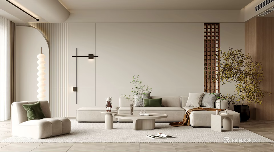 Elegant Modern Living Room Interior With Beige Sofa Green Plants And Lattice Decoration 3d model 