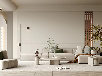 Elegant Modern Living Room Interior With Beige Sofa Green Plants And Lattice Decoration 3d model