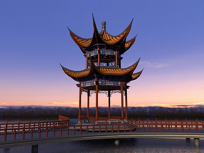 Traditional Chinese Pavilion With Multi Tiered Eaves By Waterfront At Sunset Sky And Bridge 3d model