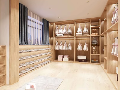 Retail Store in Shopping Mall Featuring Wooden Shelves Children's Apparel and Shoe 3d model