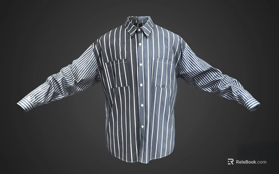 Long Sleeve Striped Collared Shirt With Button Down Front And Chest Pockets 3d model 