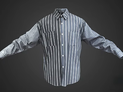 Long Sleeve Striped Collared Shirt With Button Down Front And Chest Pockets 3d model