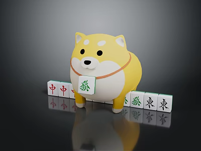 Cute Shiba Inu Figure With Mahjong Tiles Featuring Chinese Characters For Board Game Entertainment 3d model