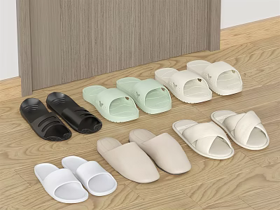 Different Colored Slippers With Simple Styles In Black Green Beige White On Wooden Floor 3d model
